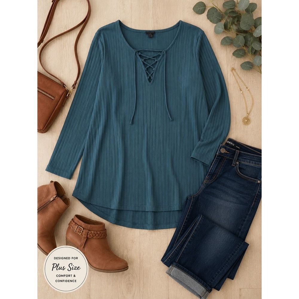Plus Size 1X Teal Ribbed Tunic Top V Neck Long Sleeve Fall Soft Stretch Boho